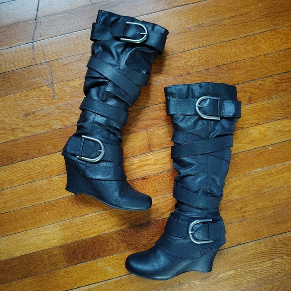 Y2K Faux Leather Wedge Knee Boots Slouch Buckle Straps Unionbay Boot 8 Women's - Picture 5 of 9
